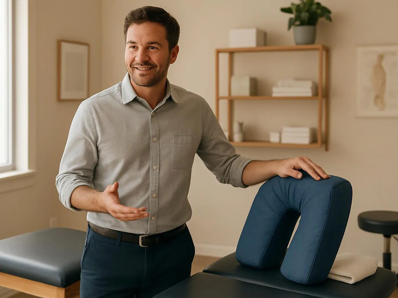 A smiling man stands beside a massage table, gesturing in a calm room with shelves and a plant