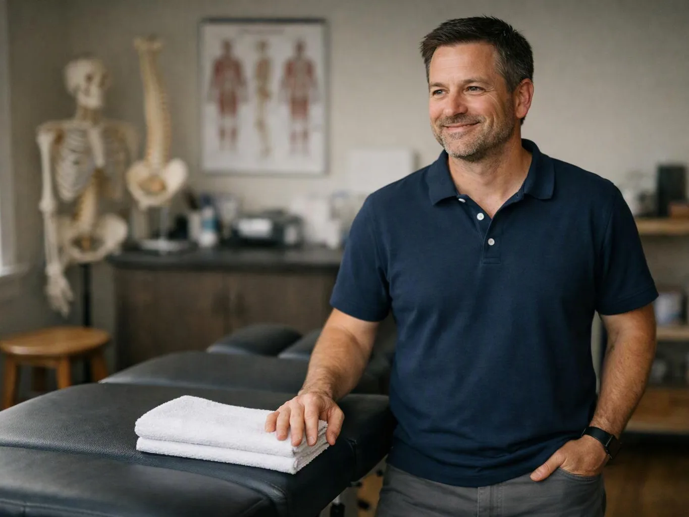 A smiling man stands beside a massage table with folded towels in a treatment room