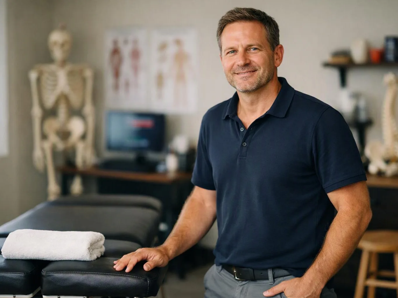 A smiling man stands beside a massage table with a folded towel in a therapy room