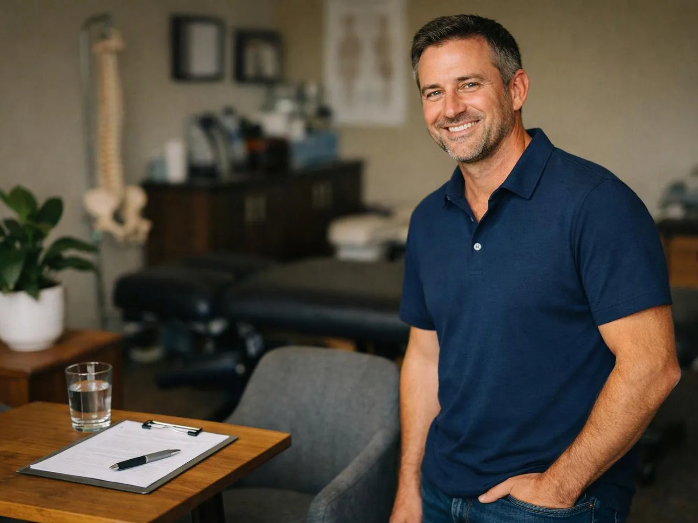 A smiling man stands beside a small table with a clipboard, pen, and water glass in a treatment room