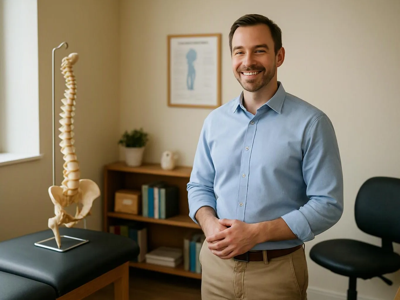 A smiling man stands in a clinic room beside a spine model and treatment table