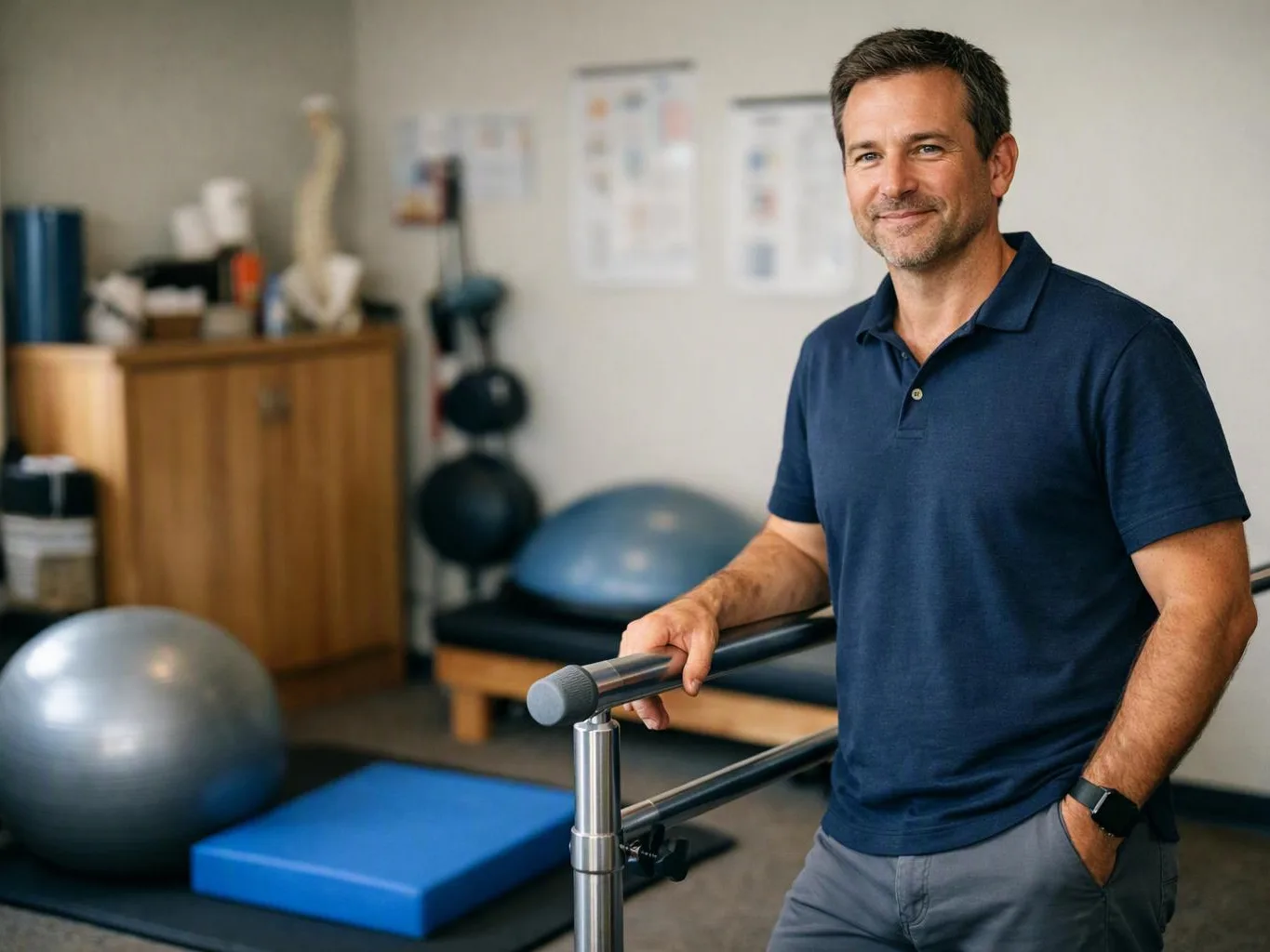 A smiling man stands by parallel bars in a therapy room with exercise balls and mats