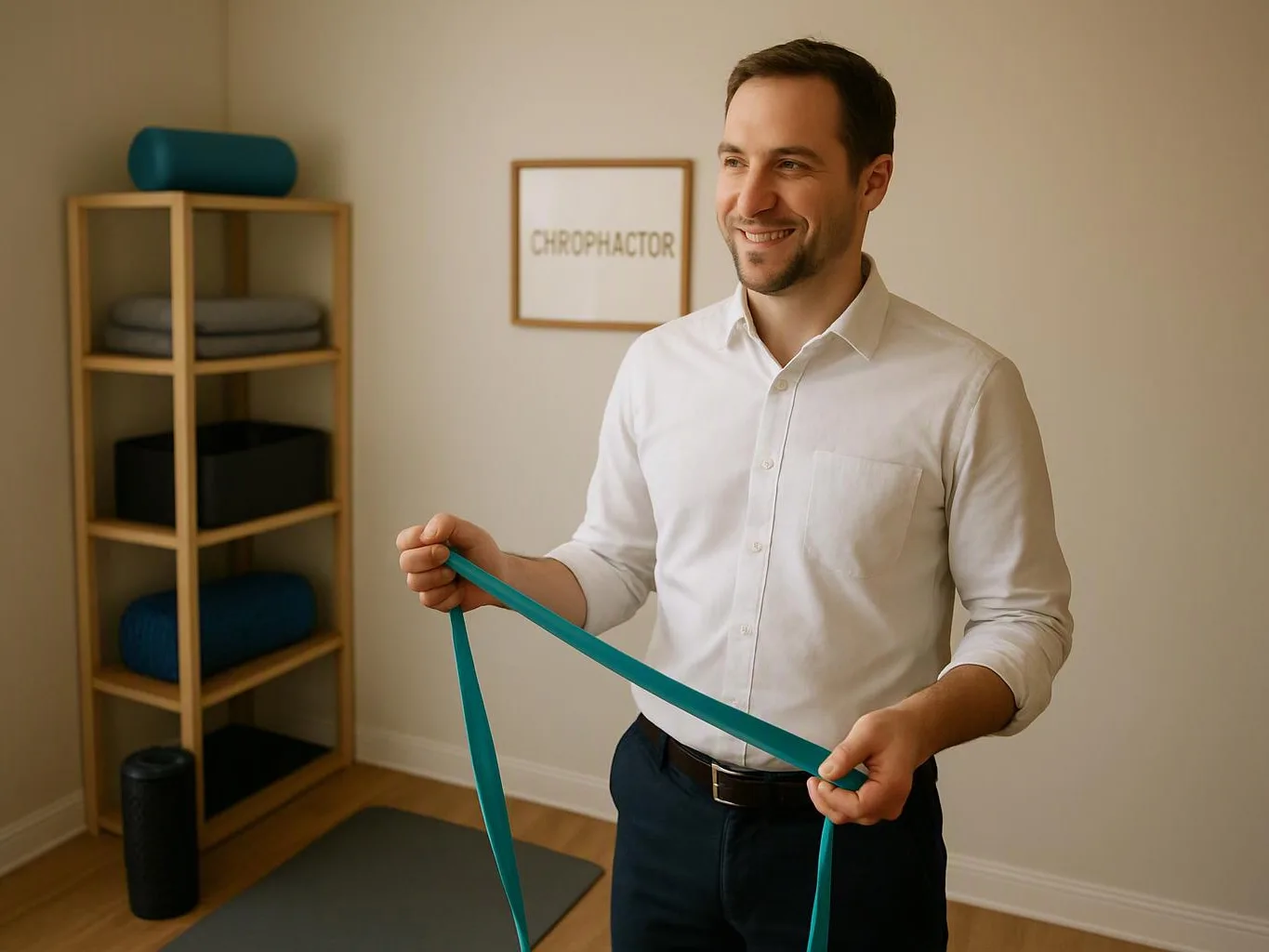A smiling man in a white shirt holds a teal exercise band in a tidy therapy room