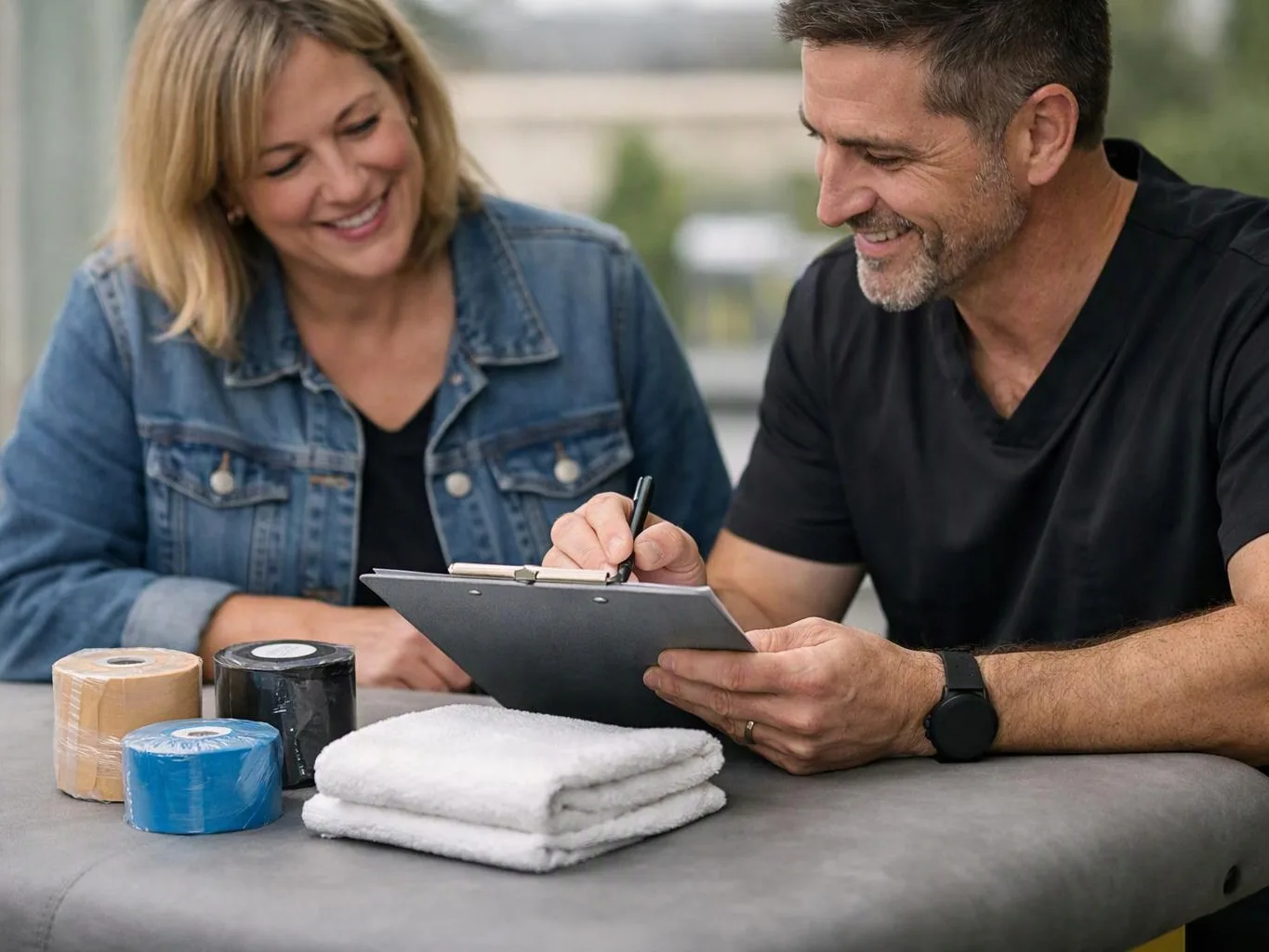 A smiling man writes on a clipboard beside a woman, with towels and tape rolls on a table