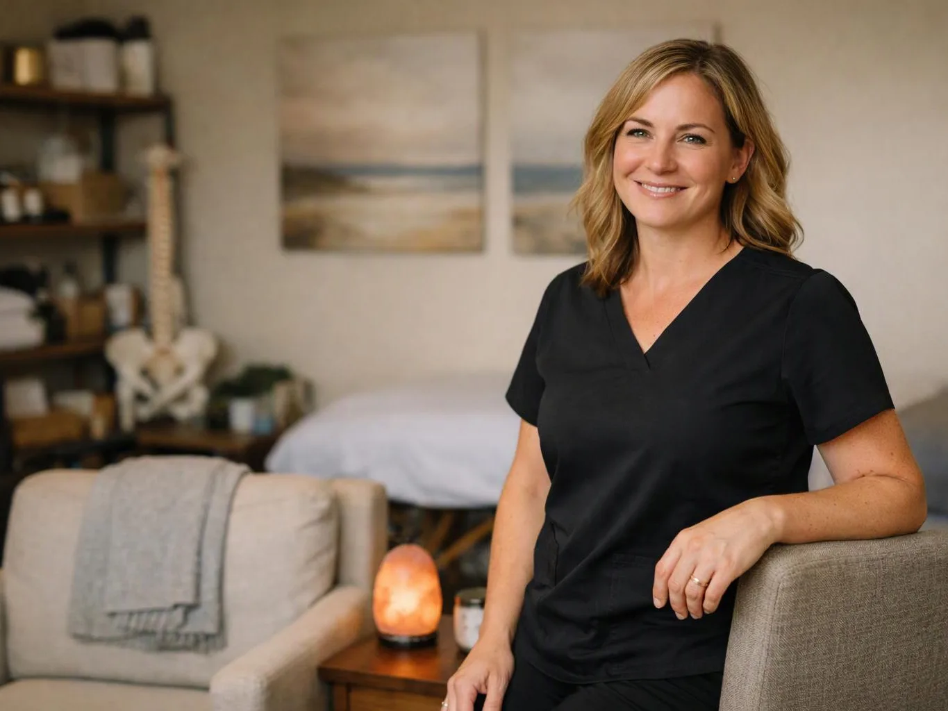 A smiling woman in black scrubs stands in a calm treatment room beside a chair and massage table