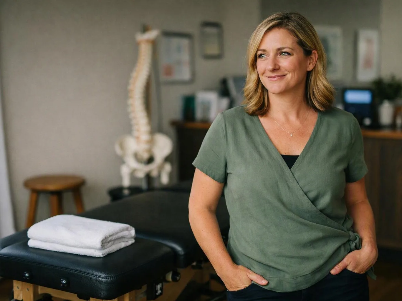 A smiling woman in green stands beside a massage table with folded towels in a clinic room