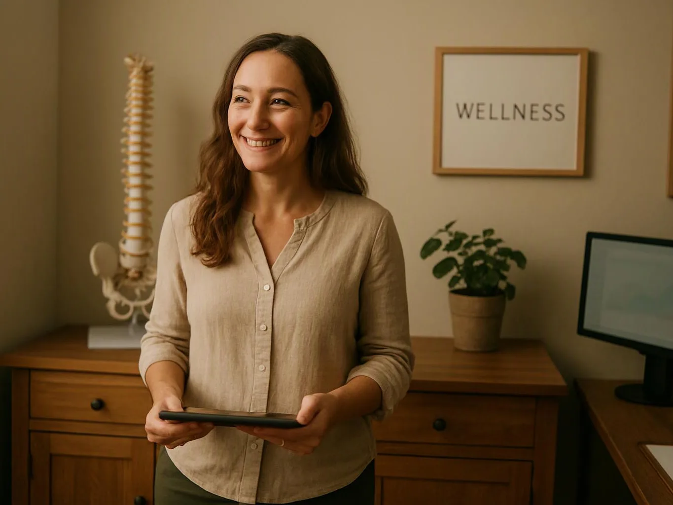 A smiling woman holds a tablet in a calm office with a spine model, plant, and a framed “WELLNESS” sign