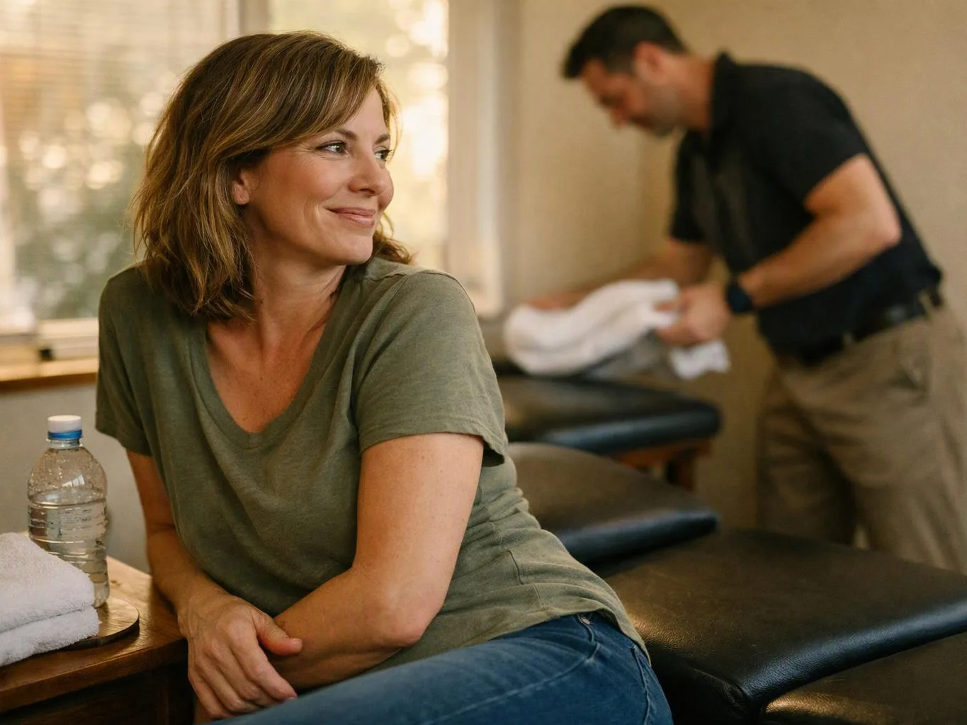 A smiling woman sits by a massage table while a man folds towels in a calm treatment room