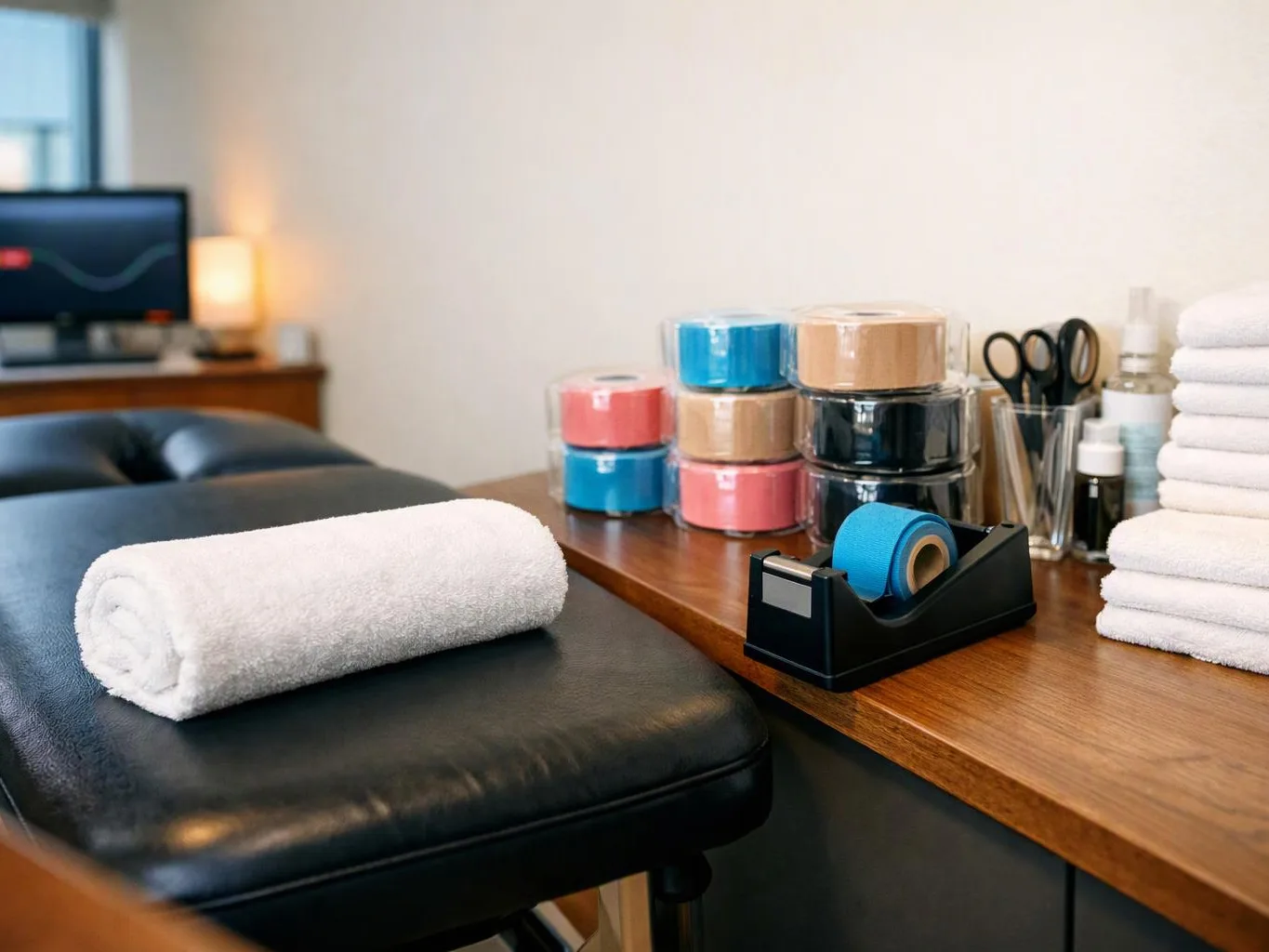Spa treatment table with rolled white towels, colorful tape rolls, scissors, and a black massage chair in a calm room