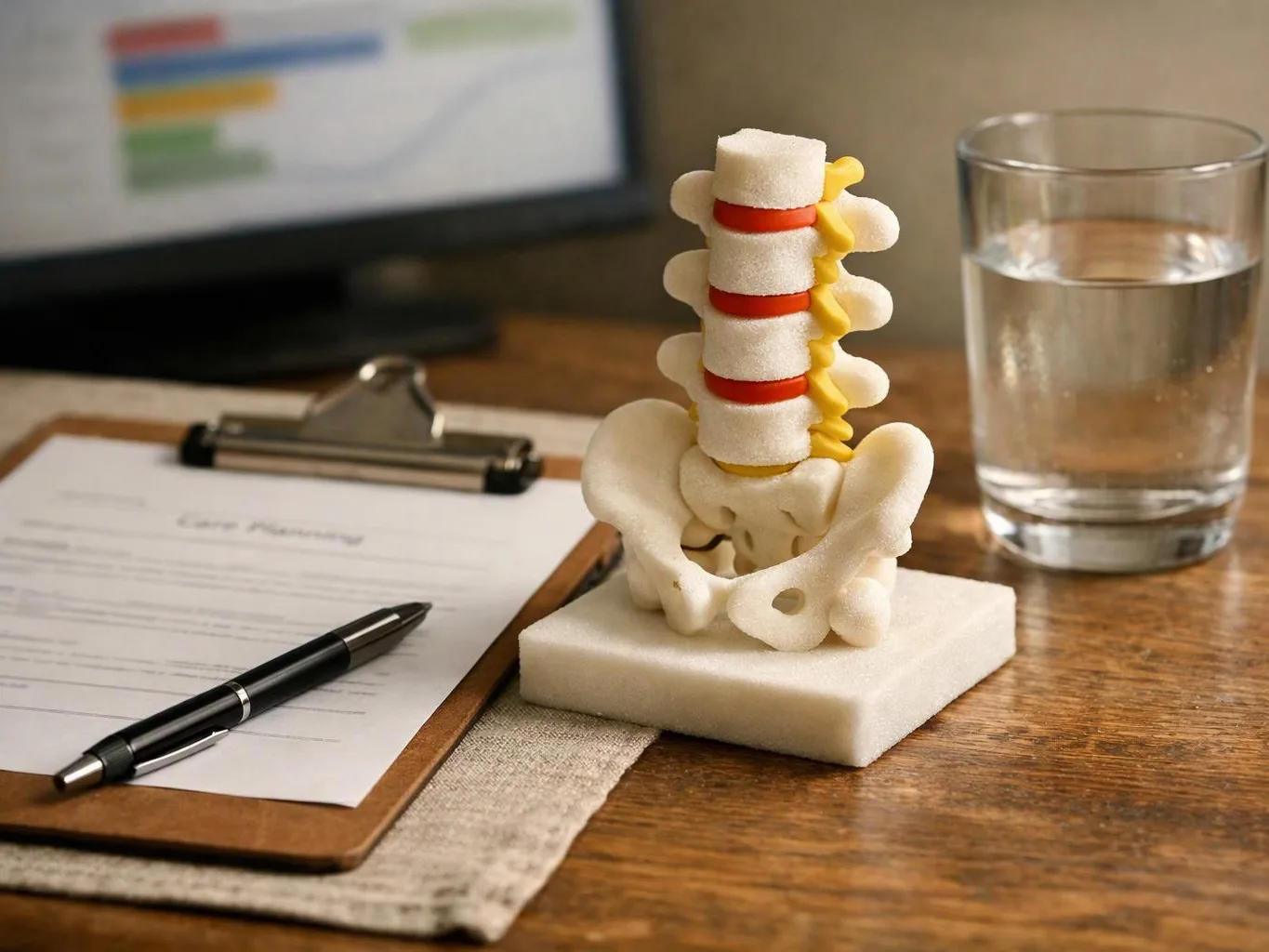 A spine model, clipboard, pen, and glass of water sit on a wooden desk