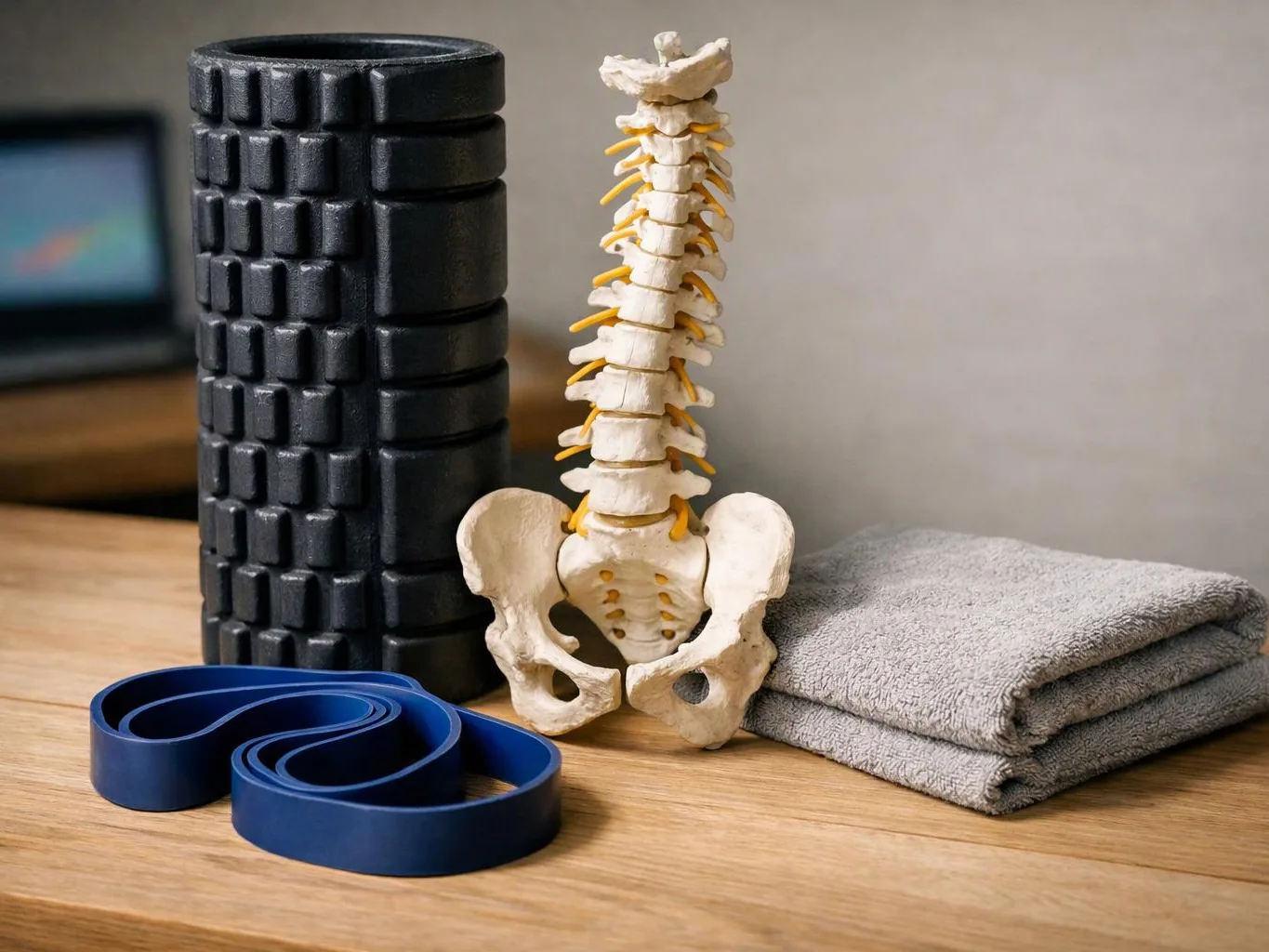 A spine model, foam roller, yoga strap, and folded towels sit on a wooden table