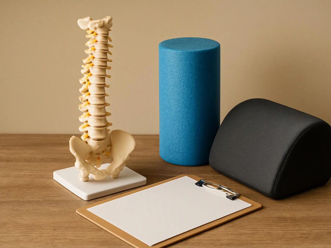 A spine model, foam rollers, a black support cushion, and a clipboard sit on a wooden table