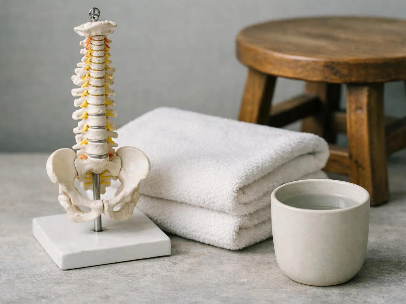 A spine model, folded towels, a ceramic cup, and a wooden stool sit on a gray surface