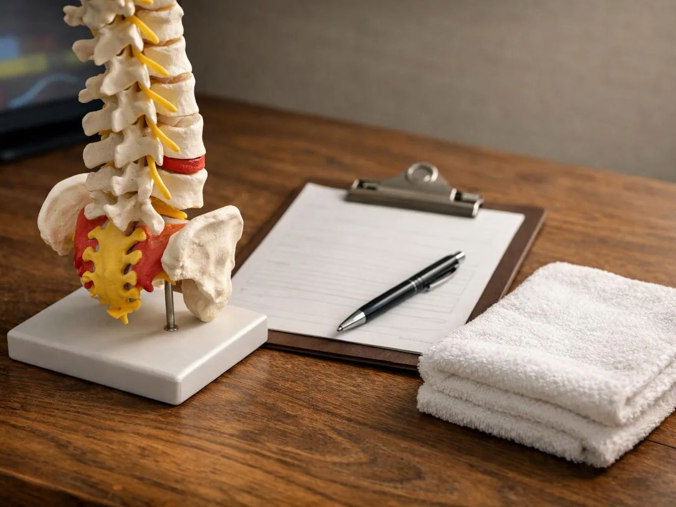 A spine model sits beside a clipboard, pen, and folded towel on a wooden desk