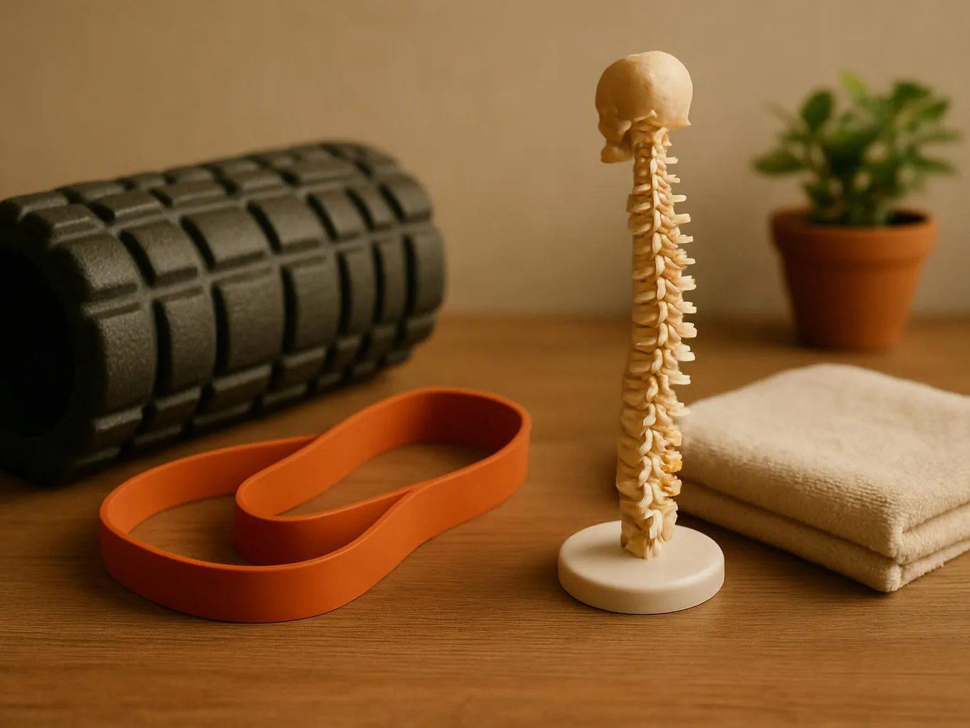 A spine model stands beside a foam roller, resistance band, folded towel, and potted plant on a wooden table