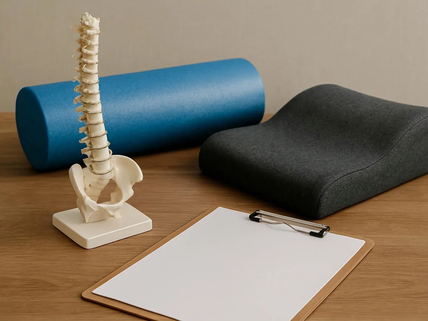 A spine model stands beside foam rollers, a back cushion, and a blank clipboard on a wooden table