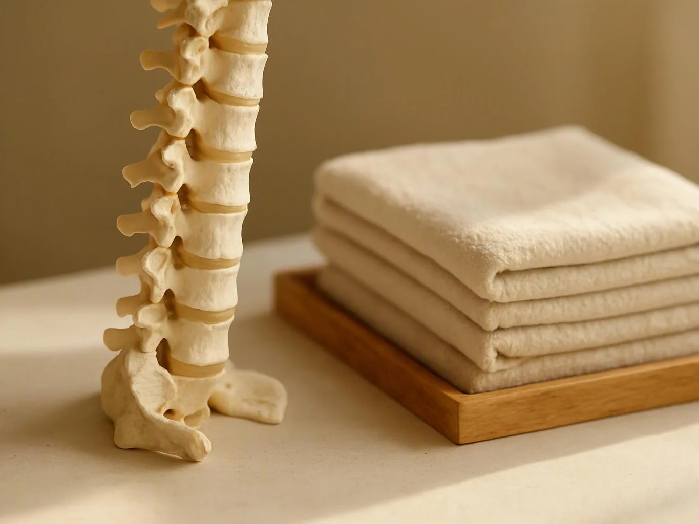 A spine model stands beside folded beige towels on a wooden tray in warm light