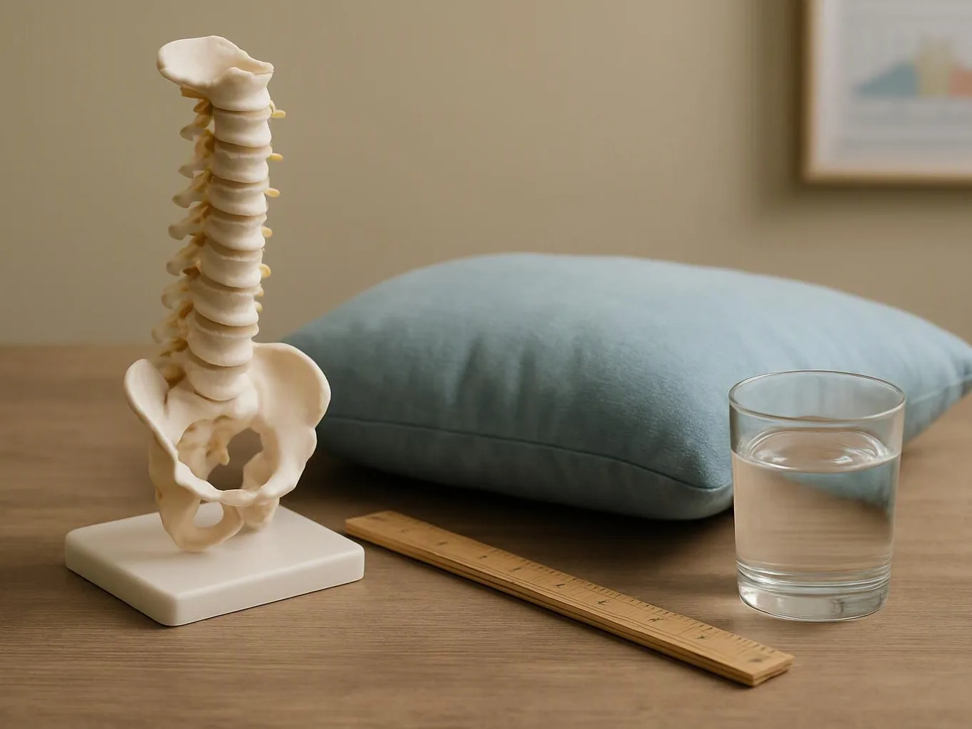 A spine model stands beside a pillow, ruler, and glass of water on a wooden table