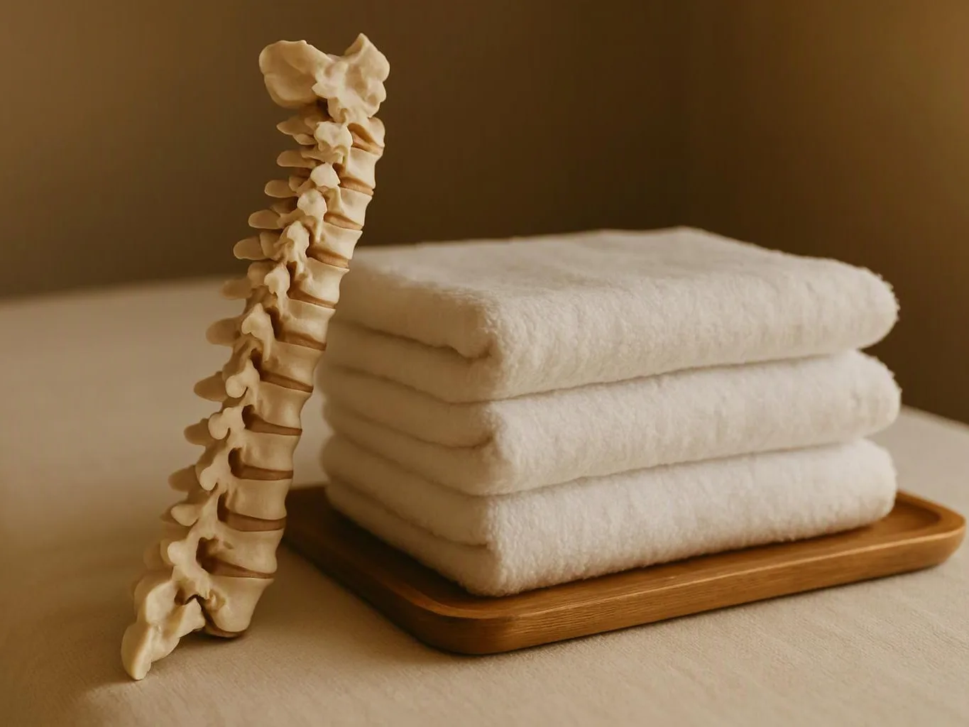 A spine model stands beside a stack of folded white towels on a wooden tray