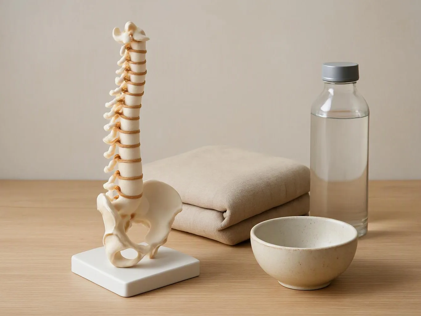 A spine model stands on a table beside a folded cloth, a water bottle, and a ceramic bowl
