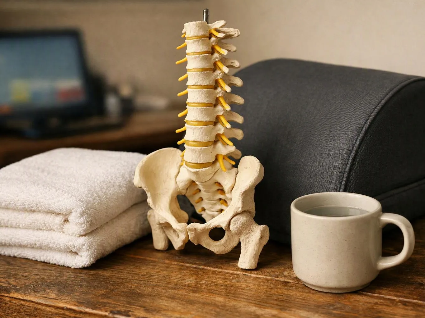 A spine model stands on a wooden table beside folded towels, a mug, and a black cushion