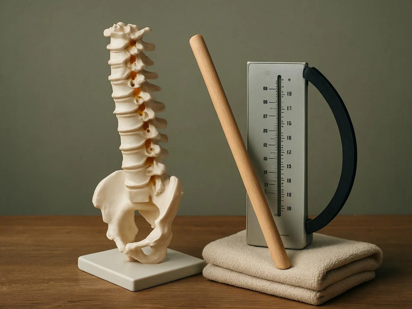 A spine model, wooden stick, and weather instrument sit on folded towels on a wooden table
