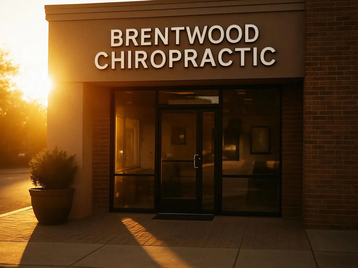 A storefront with “BRENTWOOD CHIROPRACTIC” signs, glass doors, and a potted plant in warm sunset light