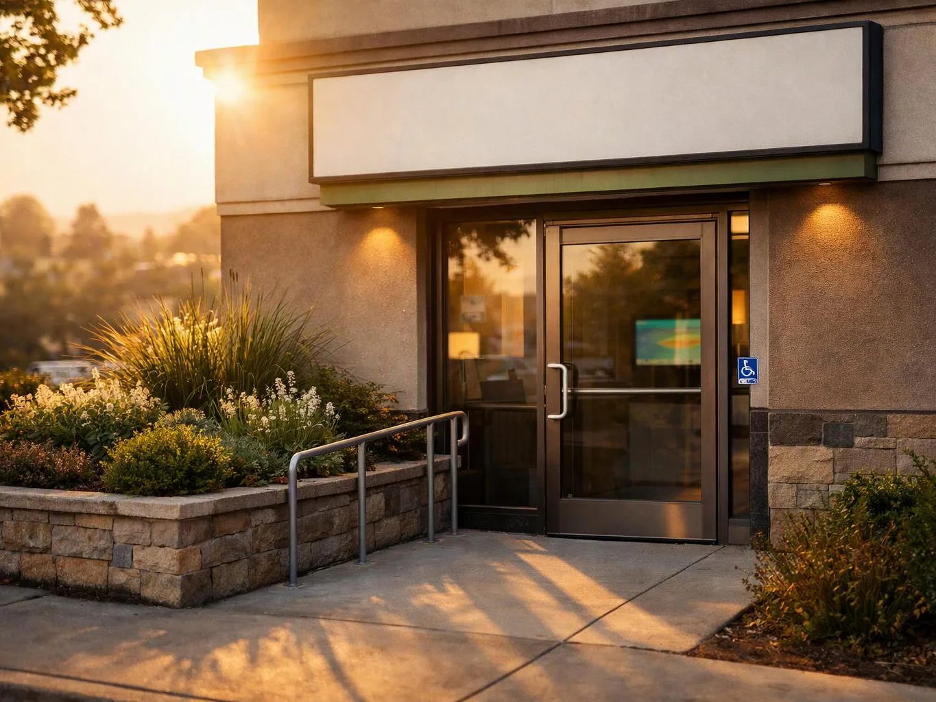 Sunlit building entrance with glass doors, a blank sign, and landscaped planters beside a ramp railing