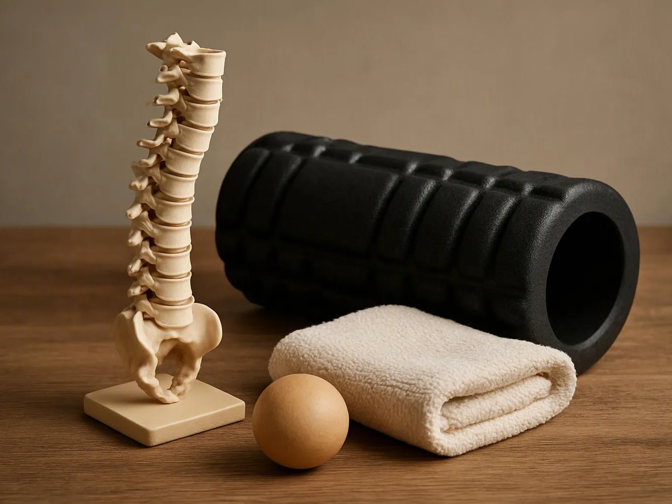 A tabletop shows a spine model, a black foam roller, a folded towel, and a tan massage ball