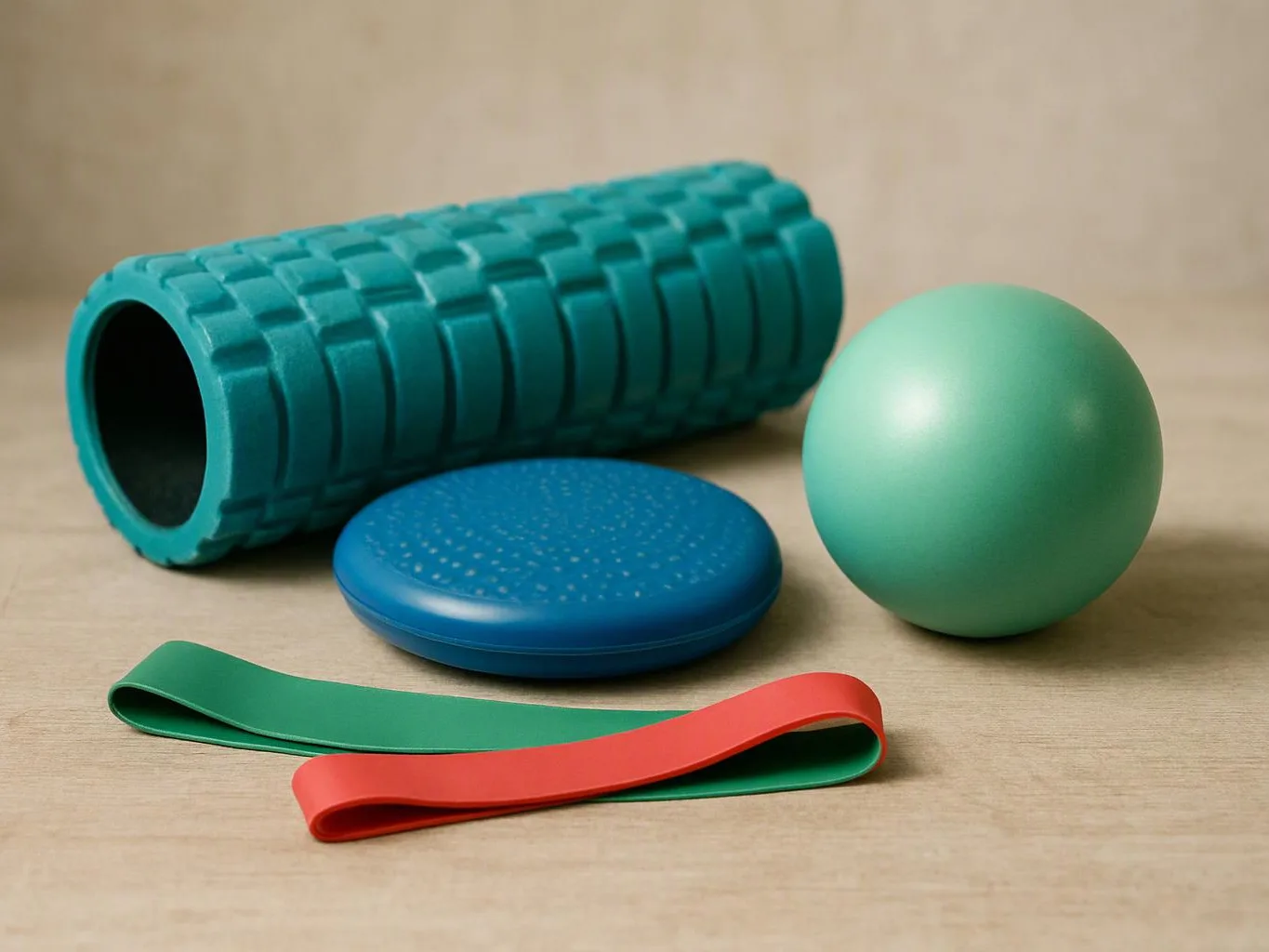 A teal foam roller, balance disk, exercise ball, and resistance bands rest on a wooden floor
