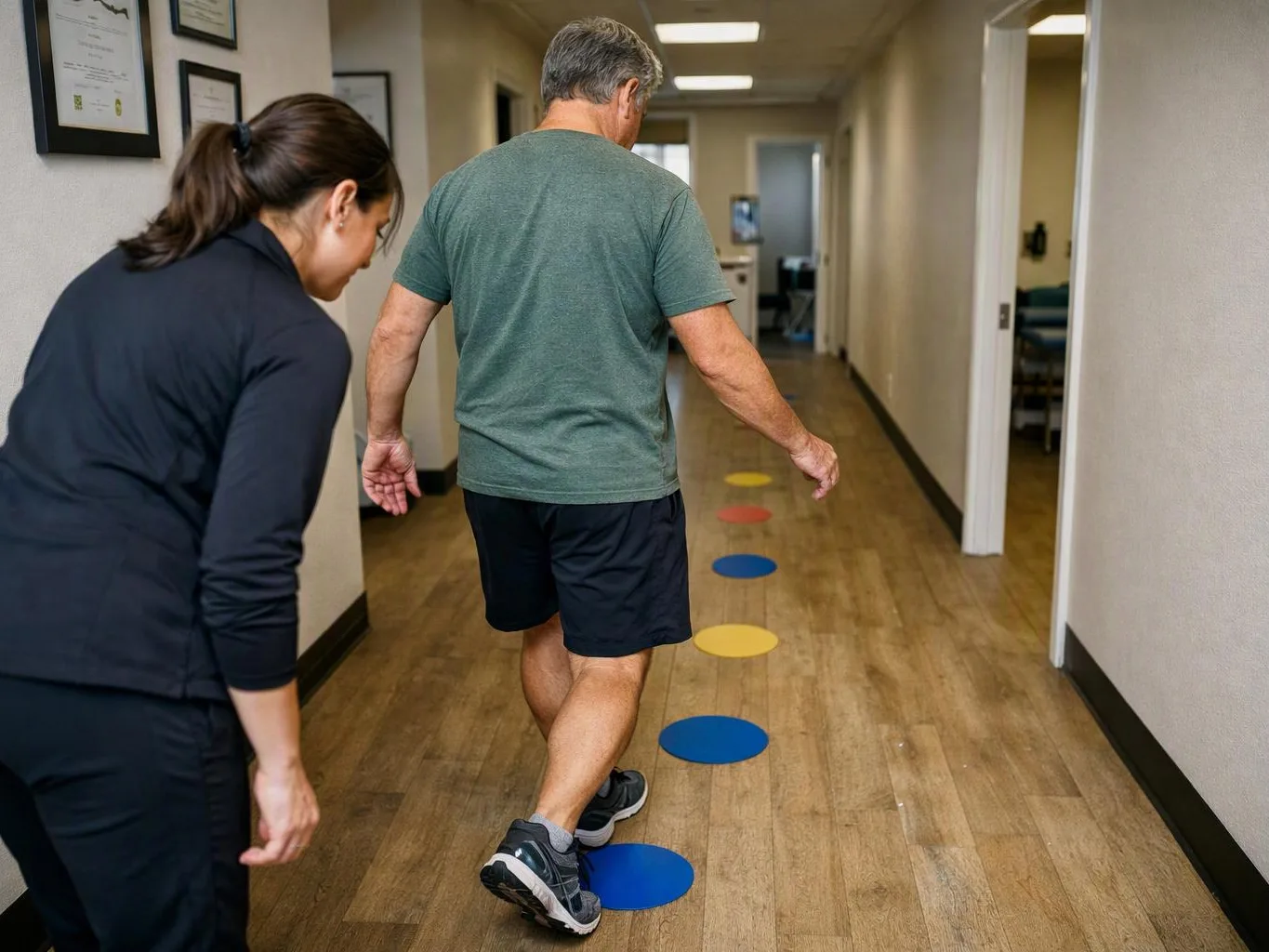 A therapist watches an older man walk down a hallway marked with colored floor dots