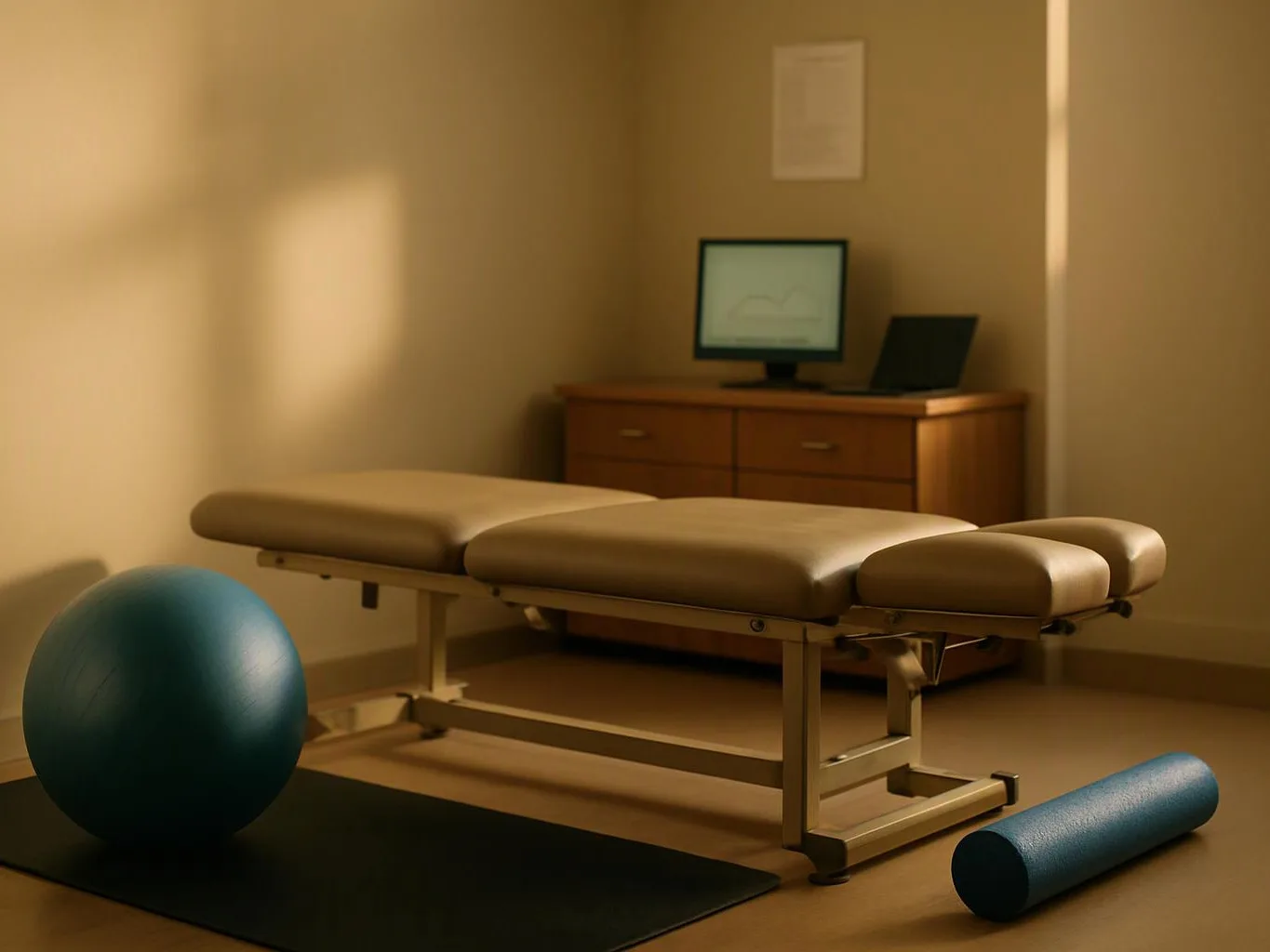 A therapy room shows a padded exam table, exercise ball, foam roller, mat, and desk with a computer