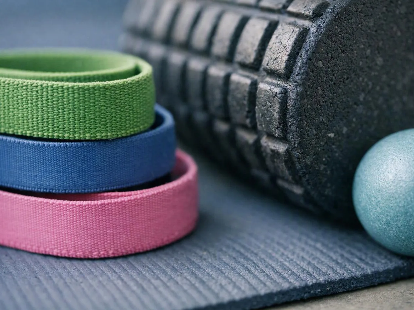 Three colorful resistance bands rest beside a foam roller and a textured massage ball on a gym mat