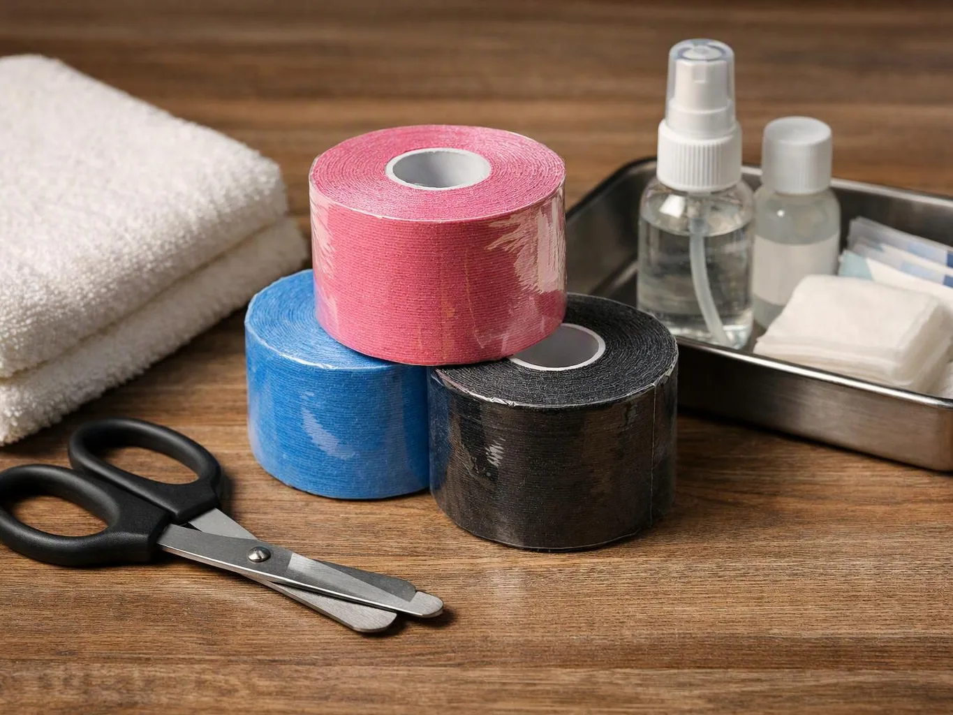 Three rolls of colored tape sit beside scissors, folded towels, and a tray of small spray bottles on a wooden table