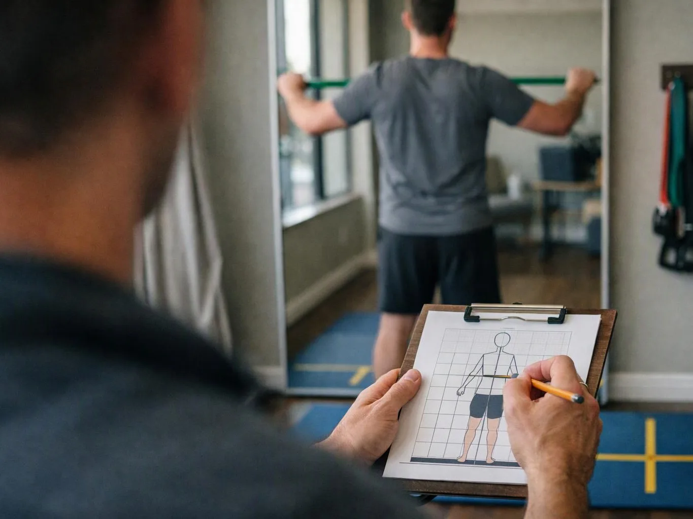 A trainer sketches posture on a clipboard while a man lifts a bar in a gym room