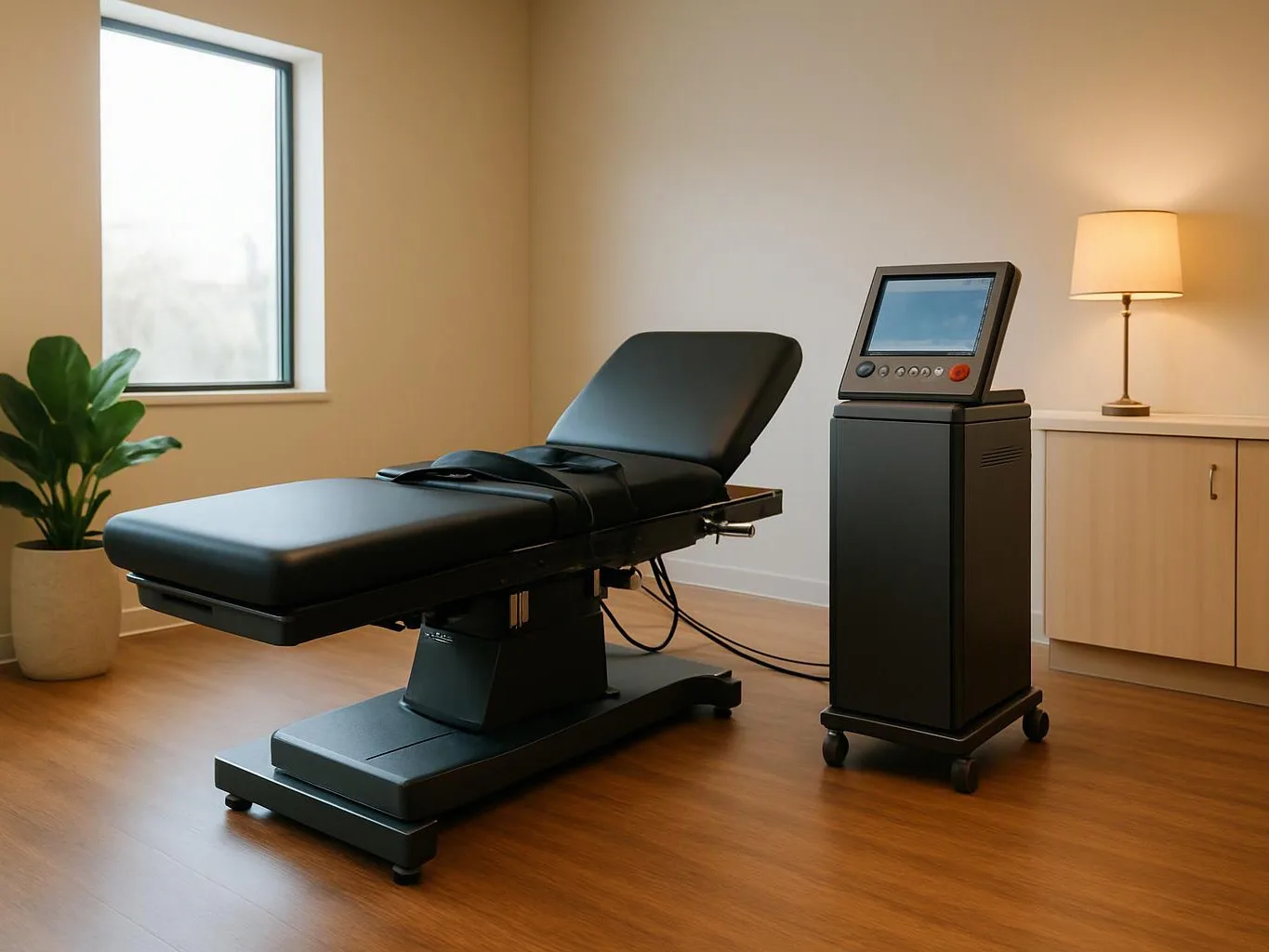 A treatment room shows a black adjustable exam table beside a wheeled control unit, with a lamp and potted plant nearby