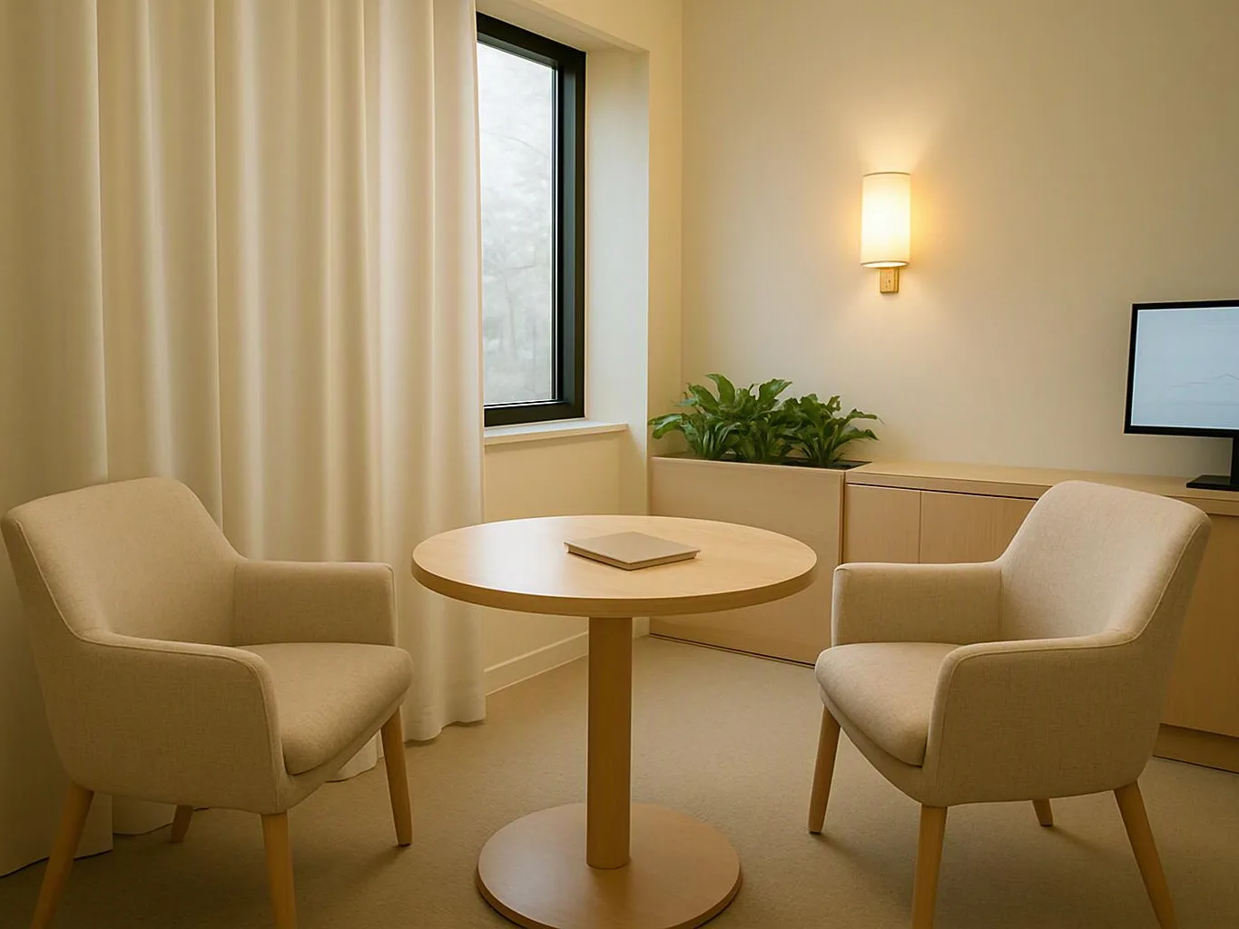 Two beige armchairs face a round table in a softly lit room with a window, curtain, plant, and wall lamp