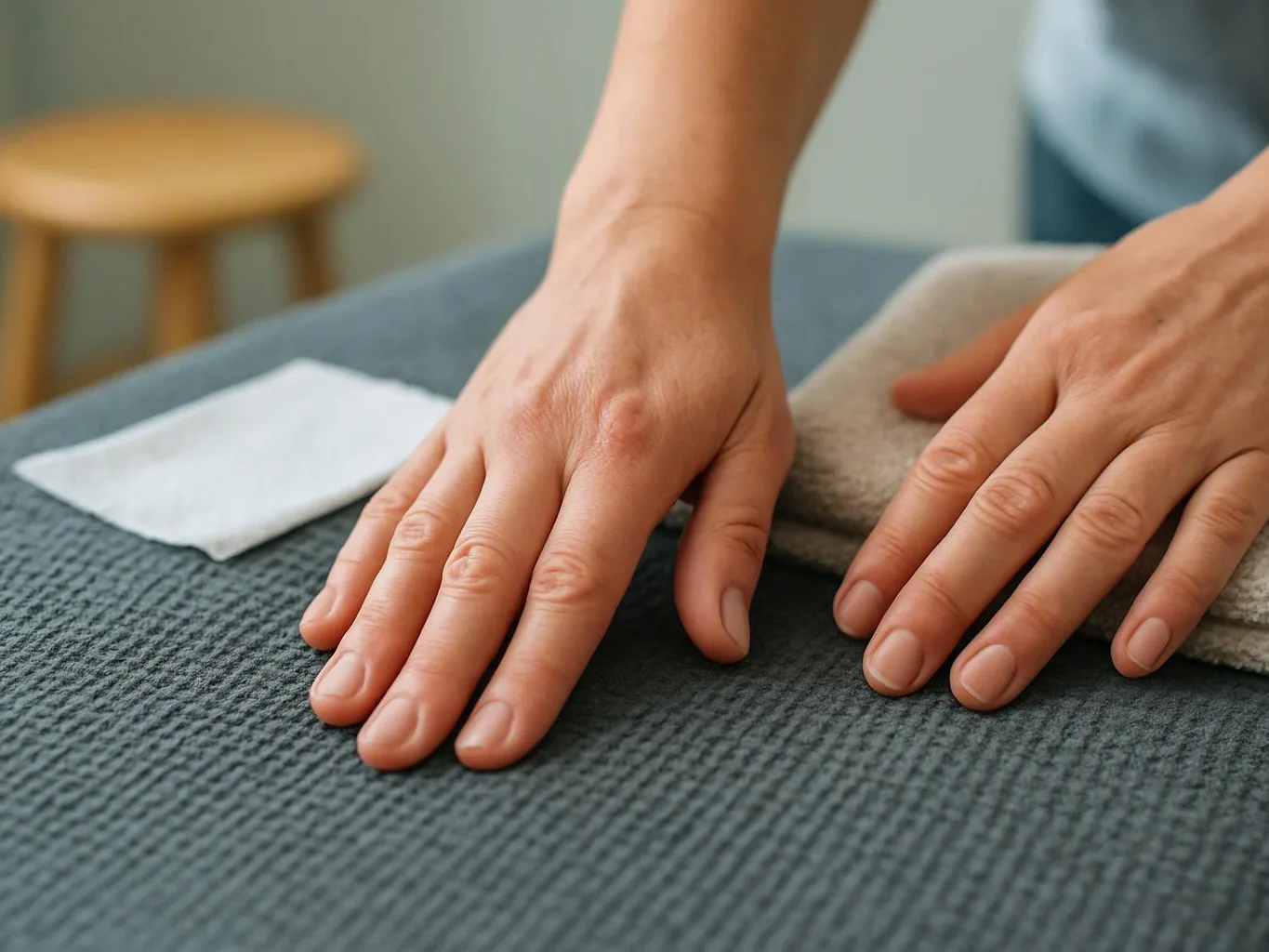 Two hands press a folded towel on a textured table, with a small cloth nearby in a soft room