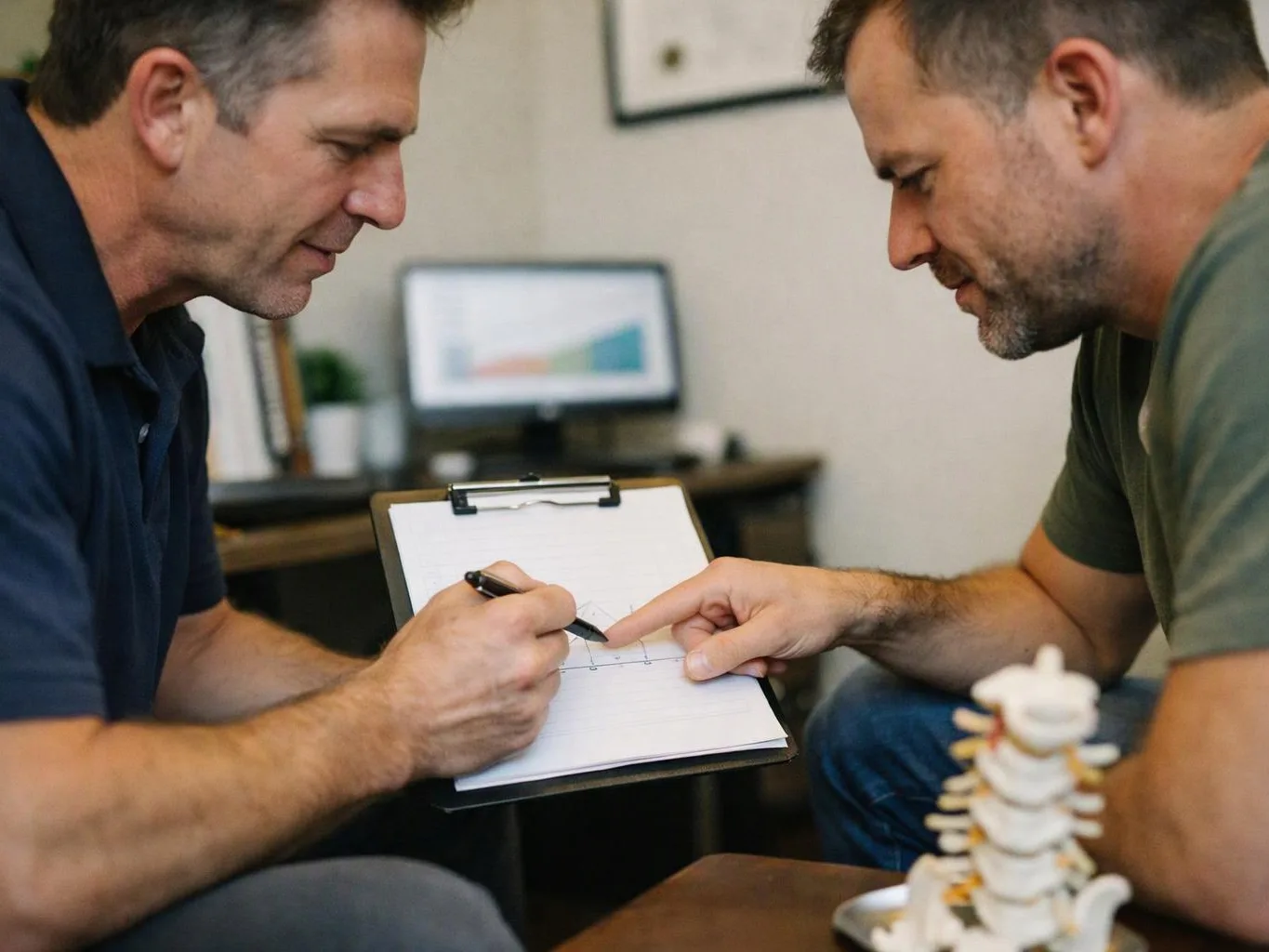 Two men lean over a clipboard, one drawing while the other points at the sketch in a small office
