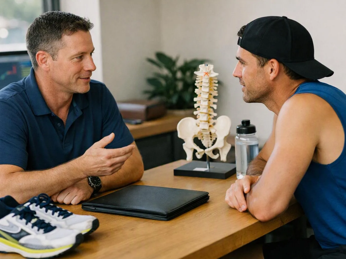 Two men sit across a desk, talking beside a spine model, water bottle, folder, and running shoes