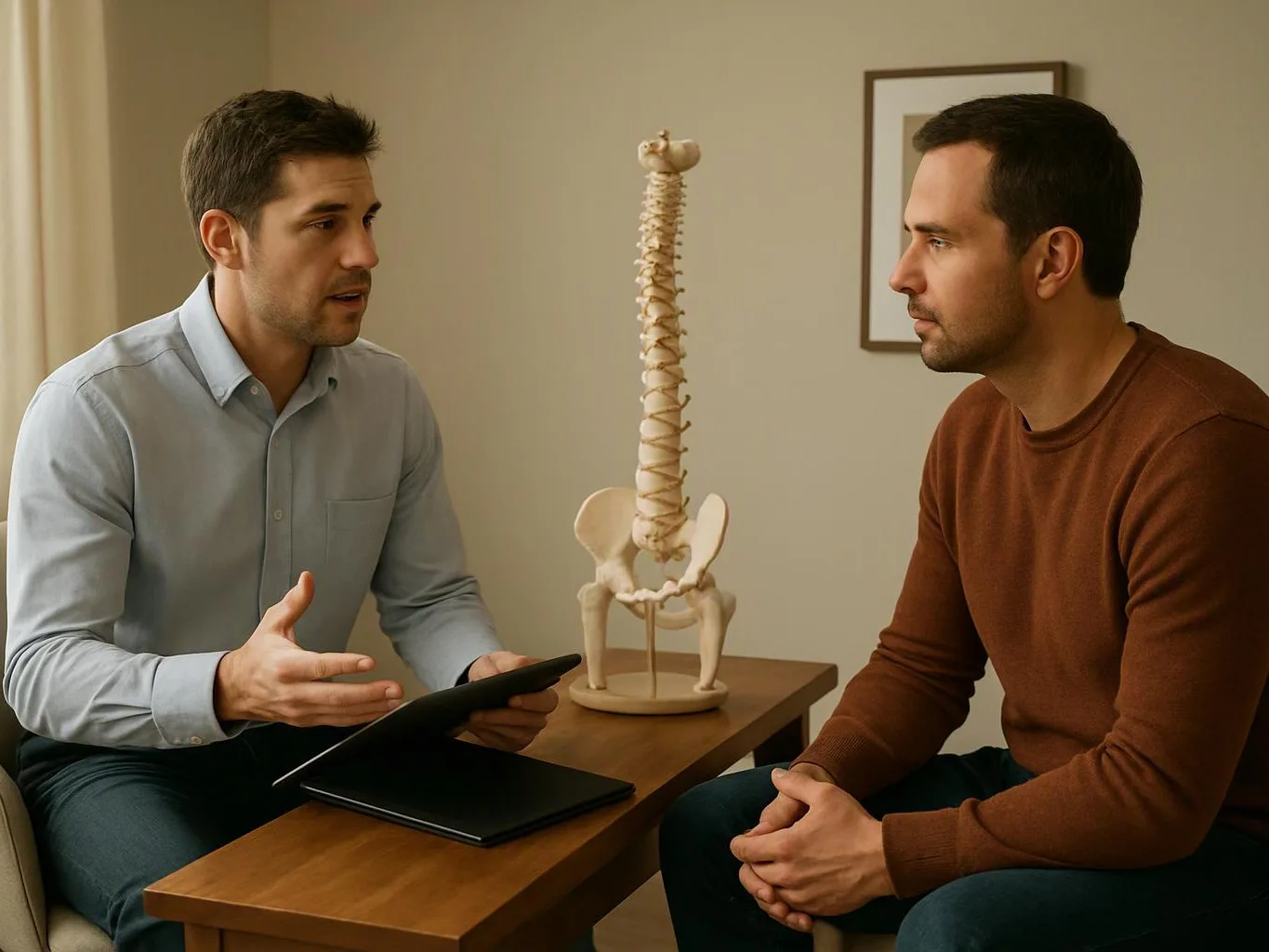 Two men sit across a small table, talking beside a spine model and an open black folder