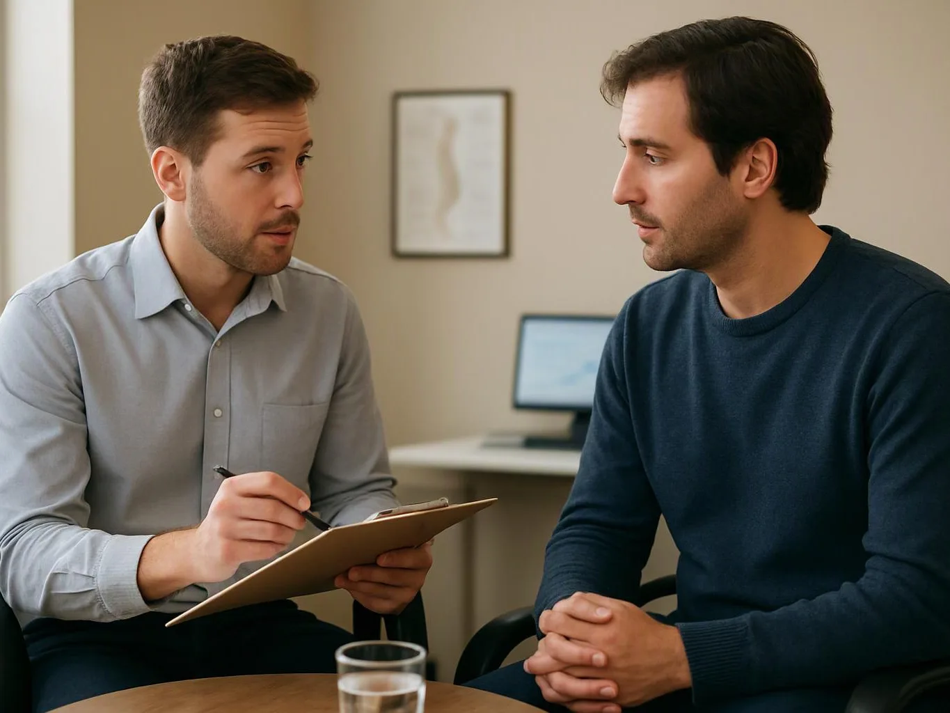 Two men sit facing each other in a small office, one taking notes on a clipboard while the other listens