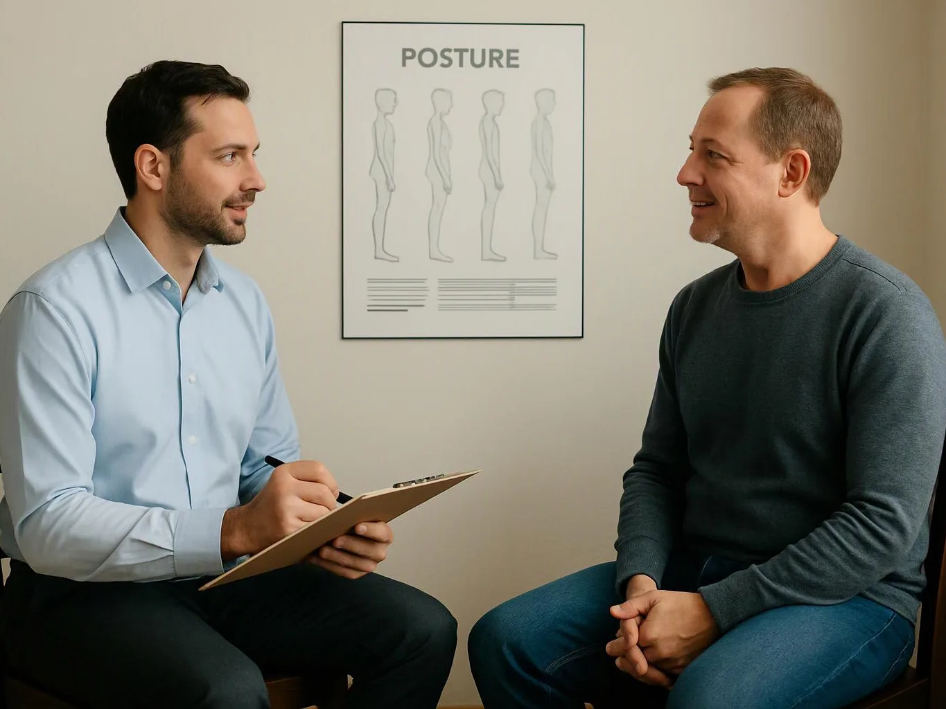 Two men sit facing each other while one takes notes in a room with a posture chart on the wall