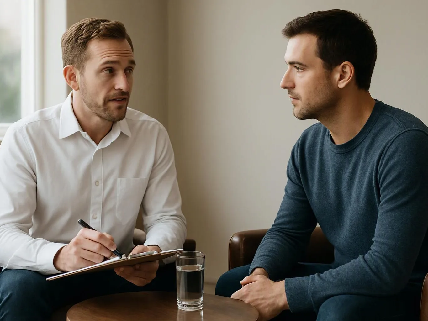Two men sit in a quiet room, one takes notes on a clipboard while they talk