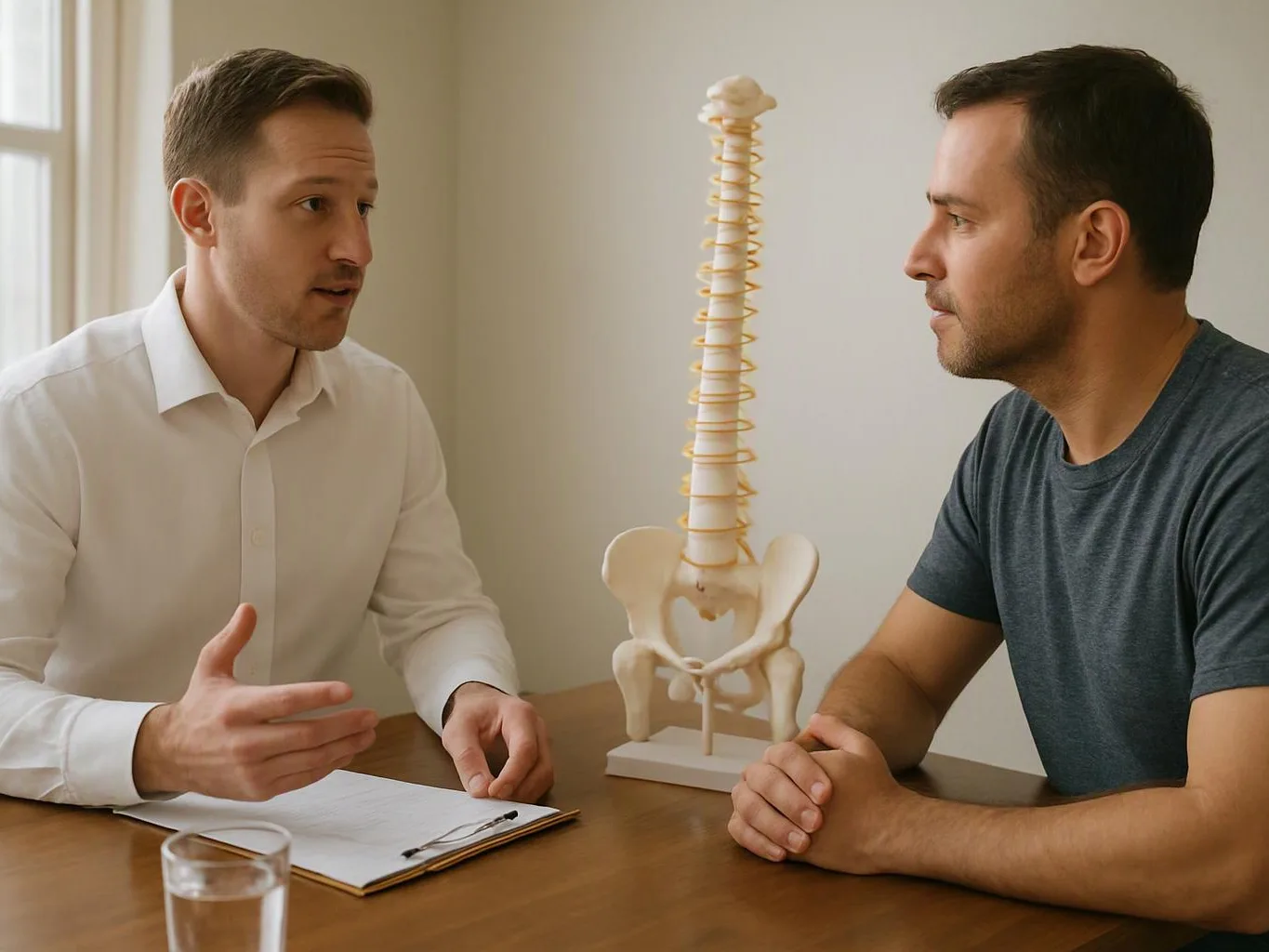 Two men sit at a table with a spine model, talking in a bright room