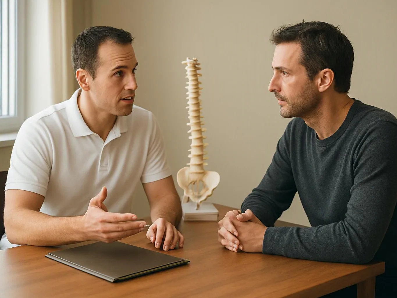 Two men sit at a table talking beside a spine model in a bright room
