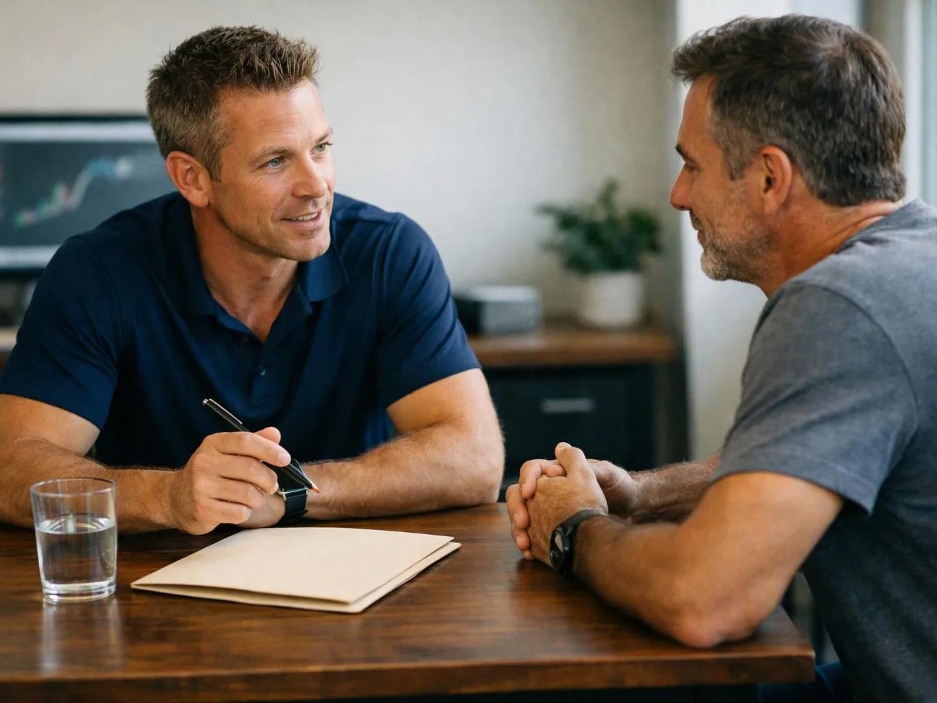 Two men sit at a wooden table, talking across a blank notebook and a glass of water