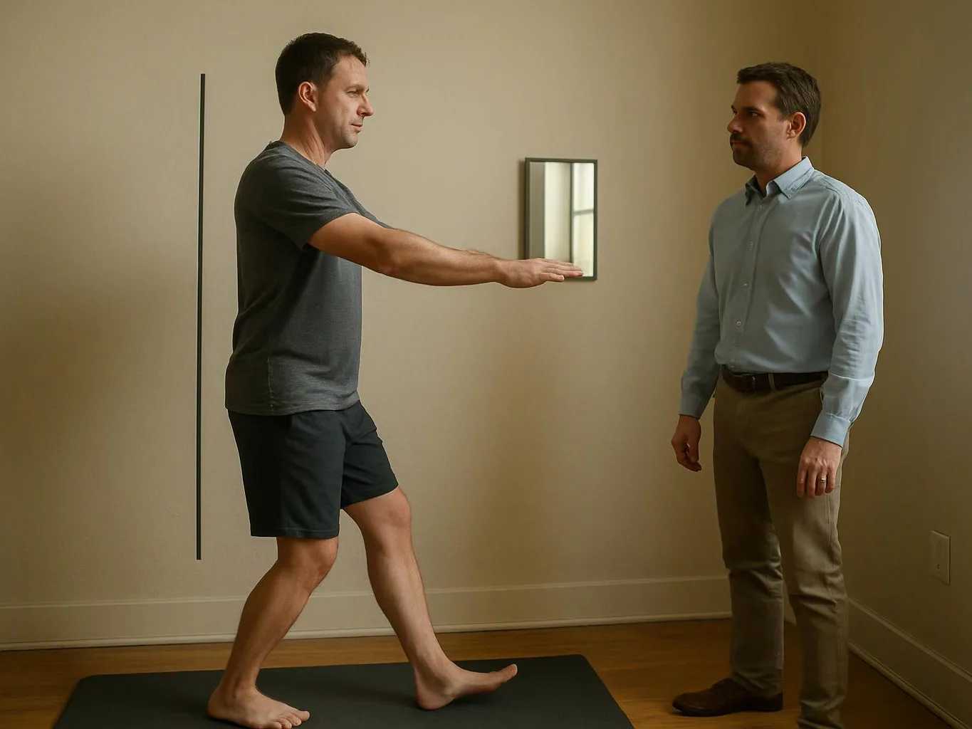 Two men stand in a bare room, one balancing on a mat with an arm extended toward the other