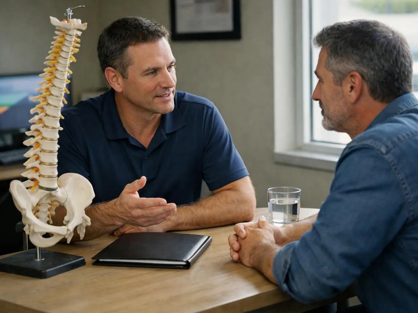 Two men talk at a desk beside a spine model, with a notebook and glass of water in a bright office