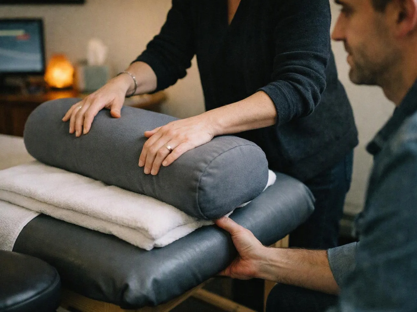 Two people arrange folded towels and cushions on a padded massage table in a quiet room